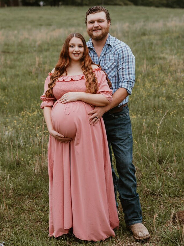 Momsmood Maternity Pink Ruffle Smocked Off Shoulder Boat Neck Baby Shower Photoshoot Maxi Dress