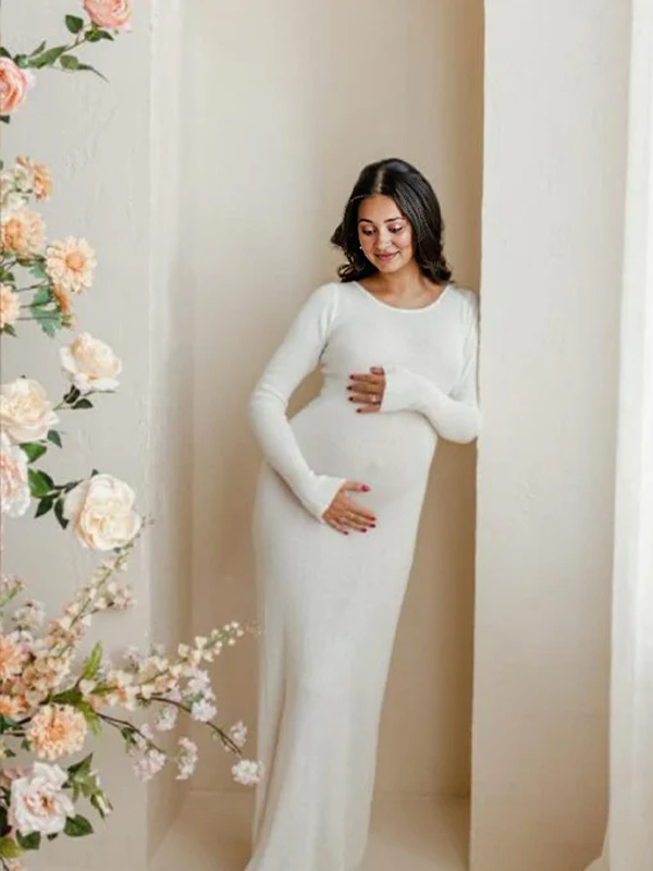 Momsmood White Backless Lace Up Bodycon Elegant Photoshoot Baby Shower Maternity Maxi Dress