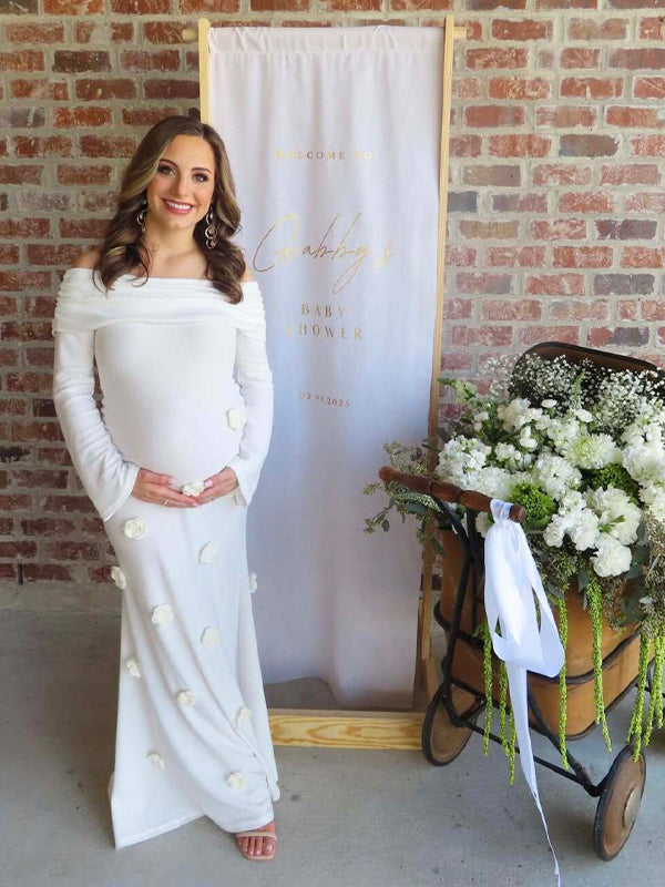 Momsmood White Off Shoulder 3D Flowers Knitting Backless Bodycon Mermaid Cocktail Party Gowns Bandage Photoshoot Maternity Maxi Dress