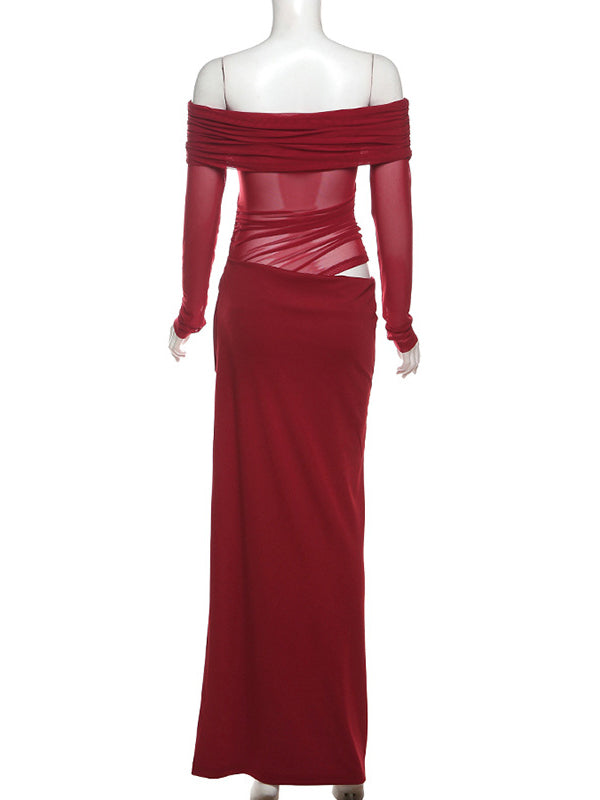 Momsmood Off Shoulder Cut Out Grenadine Splicing Sheer Ruched Baby Shower Maternity Maxi Dress