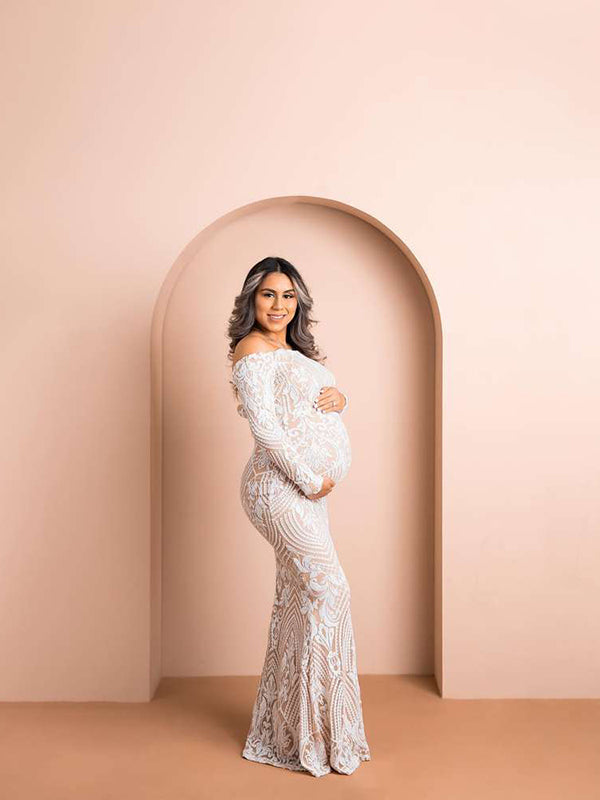 Momsmood White Lace Sequin Off Shoulder Mermaid Bodycon Wedding Gown Baby Shower Elegant Foamal Maternity Photoshoot Maxi Dress Momsmood White Lace Sequin Off Shoulder Mermaid Bodycon Wedding Gown Baby Shower Elegant Foamal Maternity Photoshoot Maxi Dress