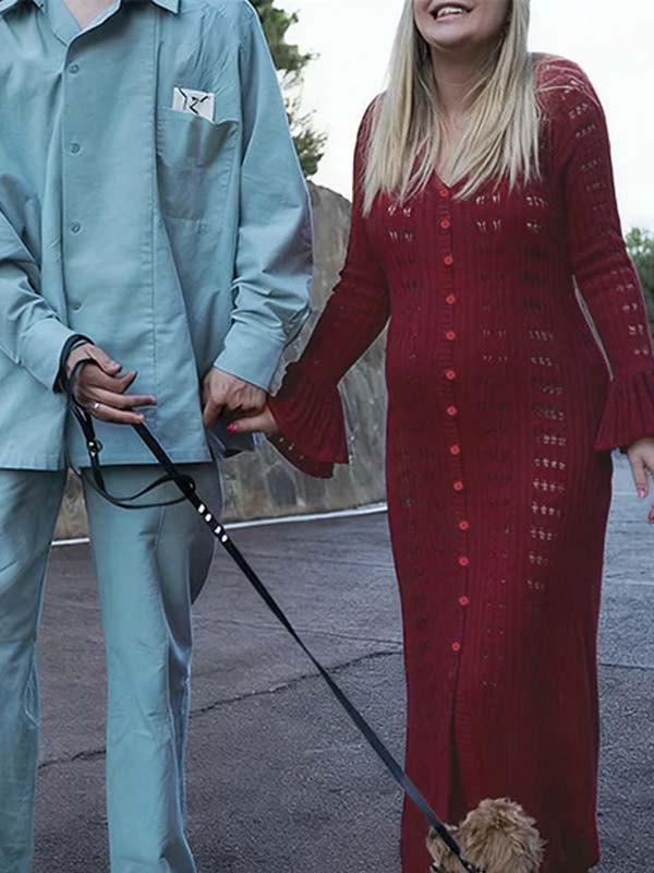 Momsmood Burgundy Buttons Cut Out Ruffle Photoshoot Maternity Maxi Sweater Dress