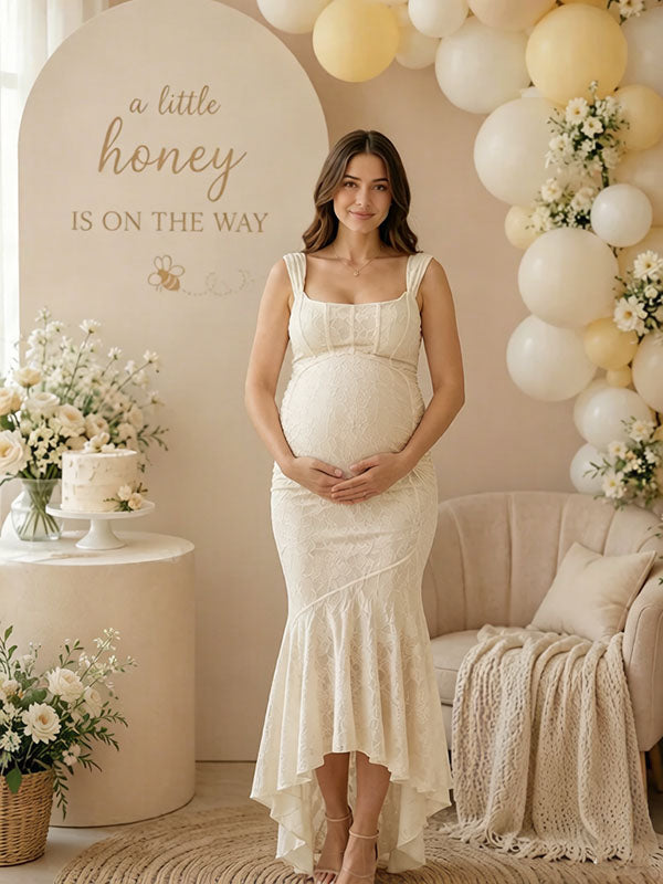 Beige Ruched Floral Irregular Mermaid Bodycon Maternity Maxi Dress