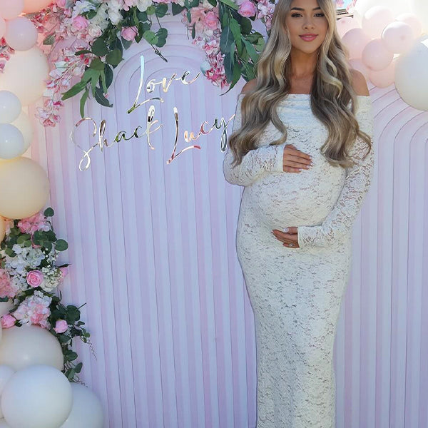 Momsmood White Lace Off Shoulder Side Slit Bodycon Elegant Wedding Gown Maternity Baby Shower Maxi Dress