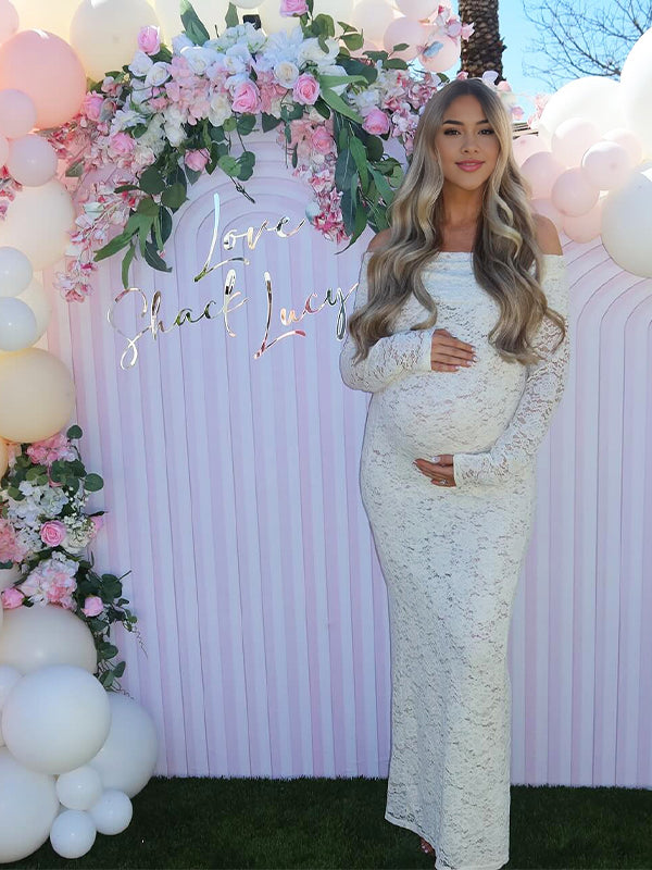 Momsmood White Lace Off Shoulder Side Slit Bodycon Elegant Wedding Gown Maternity Baby Shower Maxi Dress