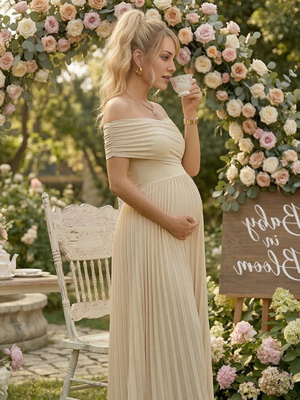 Off Shoulder Twist Front Draped Maternity Maxi Dress with Pleated Skirt