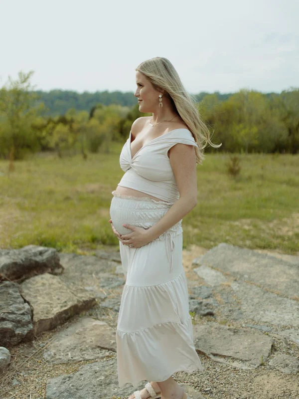 Momsmood Ivory White Two Piece Set Off Shoulder Ruffle Falbala Bodycon Elegant Maternity Boho Photoshoot Baby Shower Maxi Dress