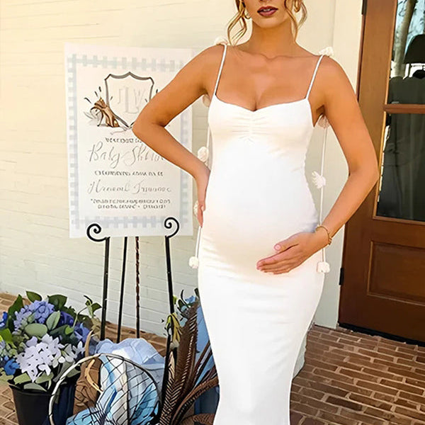 Spaghetti Strap Maternity Maxi Dress with 3D Floral Tie Straps