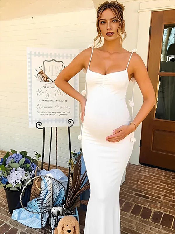 Spaghetti Strap Maternity Maxi Dress with 3D Floral Tie Straps