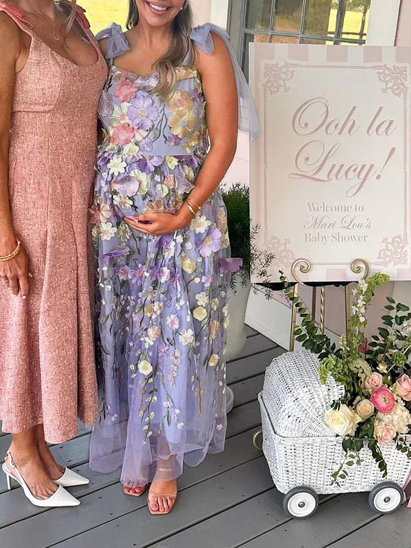 Momsmood Embroidery Flowers Tutu Grenadine Baby Shower Maternity Maxi Dress