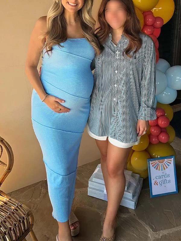 Momsmood Blue Bandeau Lines Bodycon Cute Elegant Gender Reveal Baby Shower Maternity Maxi Dress