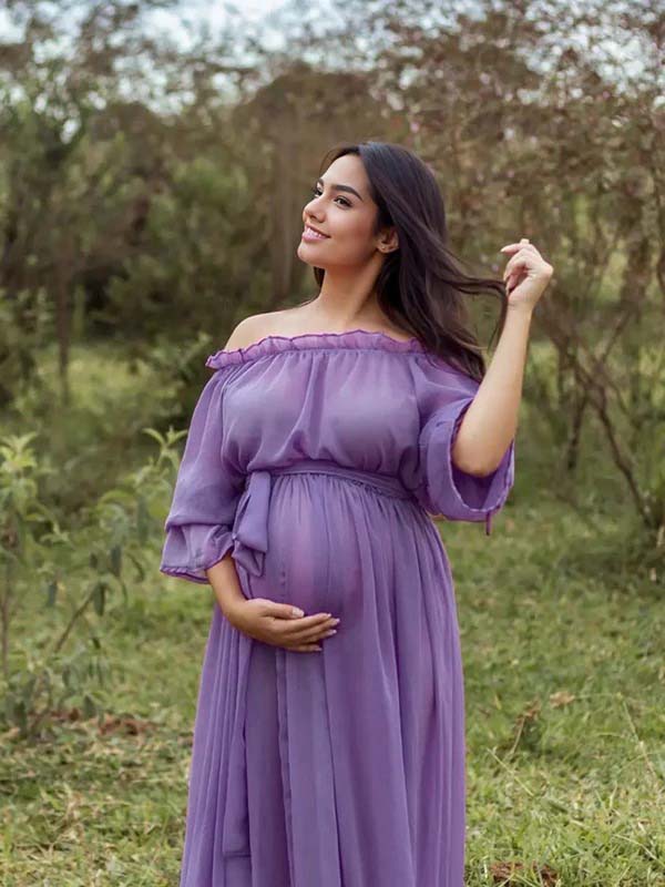 Momsmood Purple Chiffon Flowy Off Shoulder Belt Ruffle Falbala Big Swing Boho Beach Vacation Maternity Photoshoot Baby Shower Maxi Dress