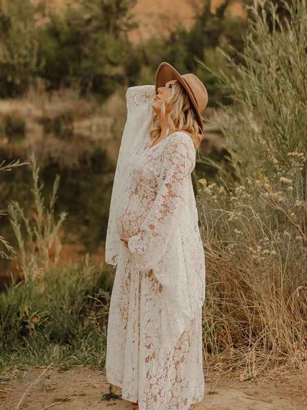 Momsmood Floral Lace Backless Boho Flare Sleeve Pregnant Maternity Photoshoot Maxi Dress