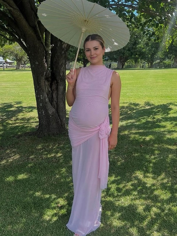 Momsmood Pink Lace-up Pennant Grenadine Banquet Party Baby Shower Maternity Photoshoot Maxi Dress
