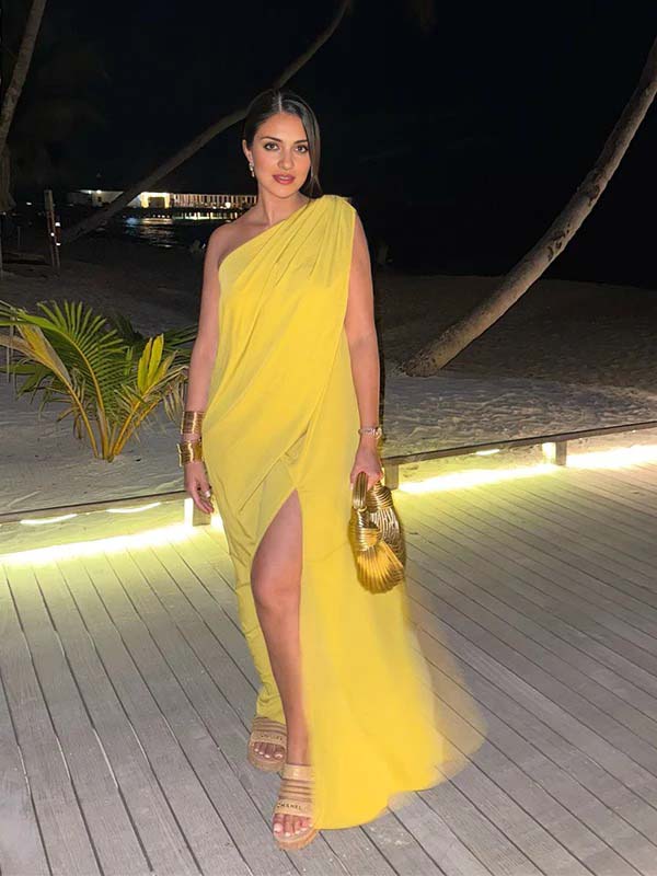 Yellow One Shoulder Side Slit Silk Banquet Maternity Maxi Dress