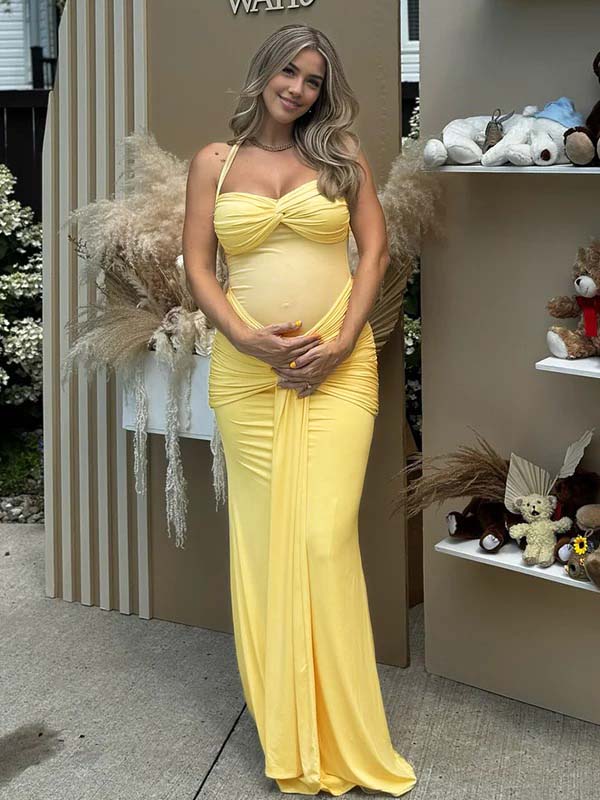 Momsmood Mesh Ruched Draped Halter Neck Backless Maternity Maxi Dress