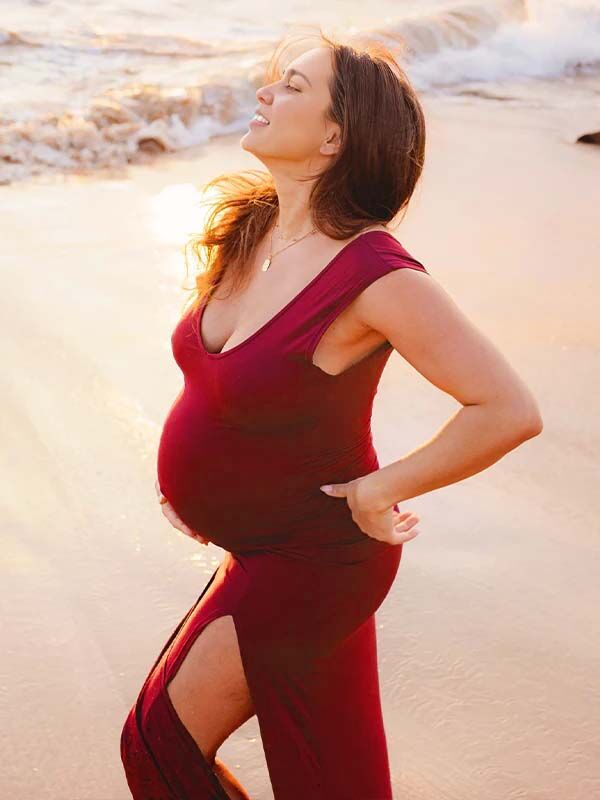 Wine Red Slit V Neck Maternity Photoshoot Maxi Dress