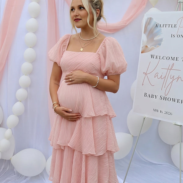 Romantic Tiered Ruffle Square Neck Puff Sleeve Maternity Maxi Dress