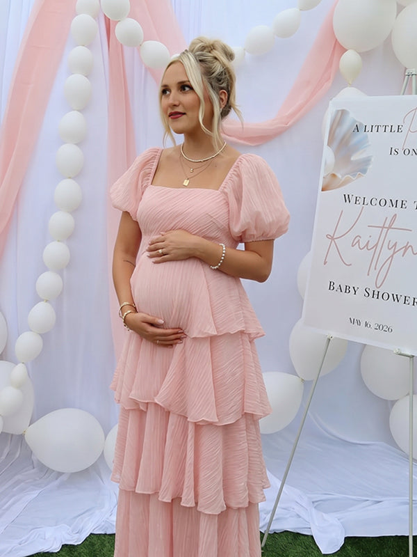 Romantic Tiered Ruffle Square Neck Puff Sleeve Maternity Maxi Dress
