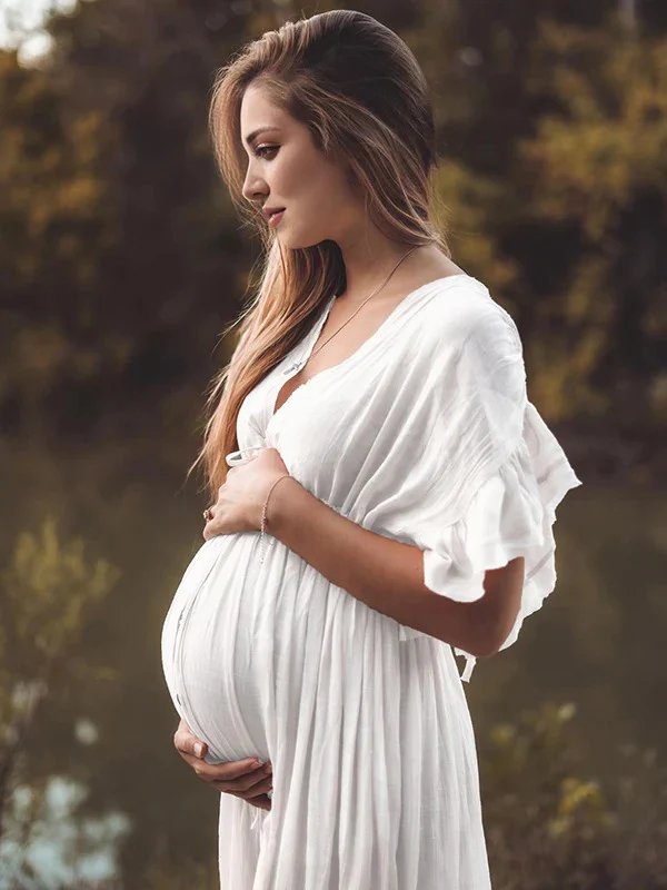 Momsmood White Deep V Neck Button Down Boho Beach Bikini Cover Up Dress Party Photoshoot Maternity Dress