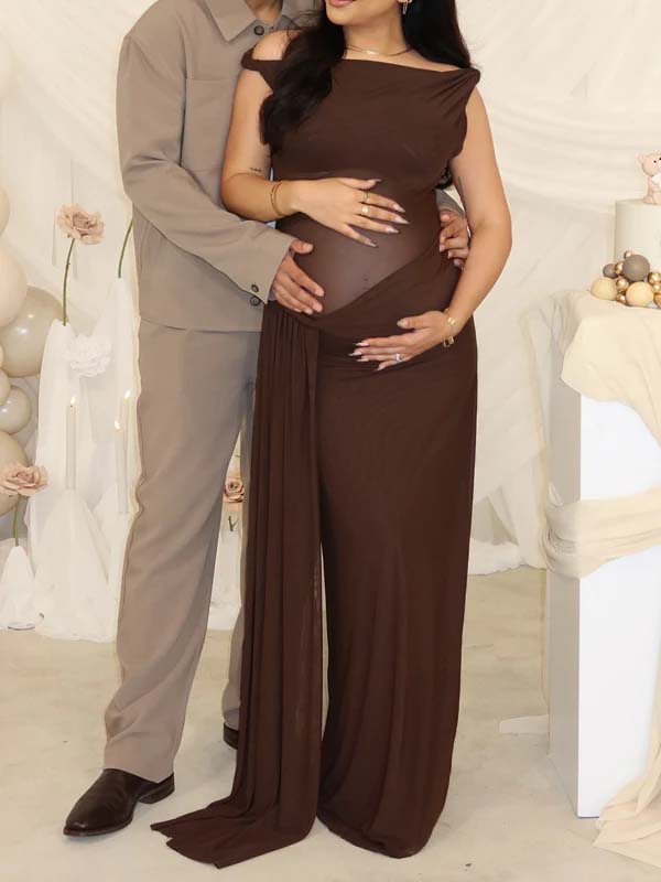 Momsmood Dark Brown Oblique Shoulder Sheer Draped Hem Ruched Maternity Baby Shower Maxi Dress