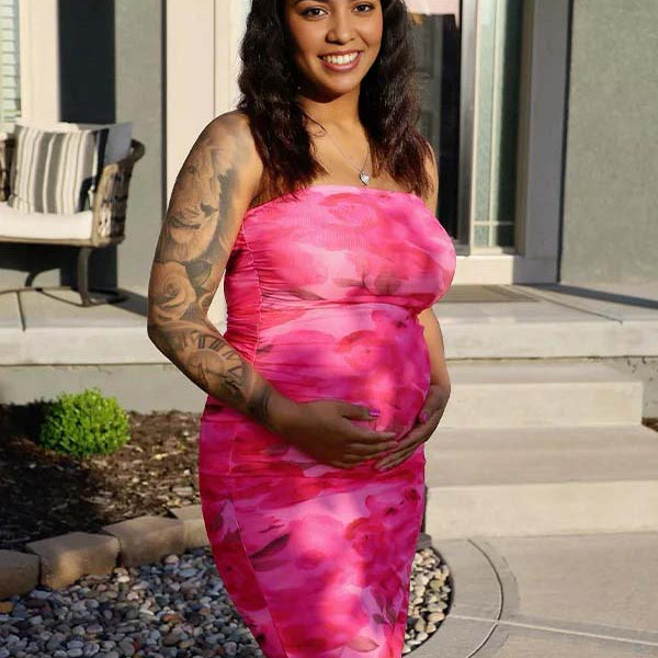 Momsmood Floral Side Slit Bandeau Tube Bodycon Baby Shower Maternity Maxi Dress