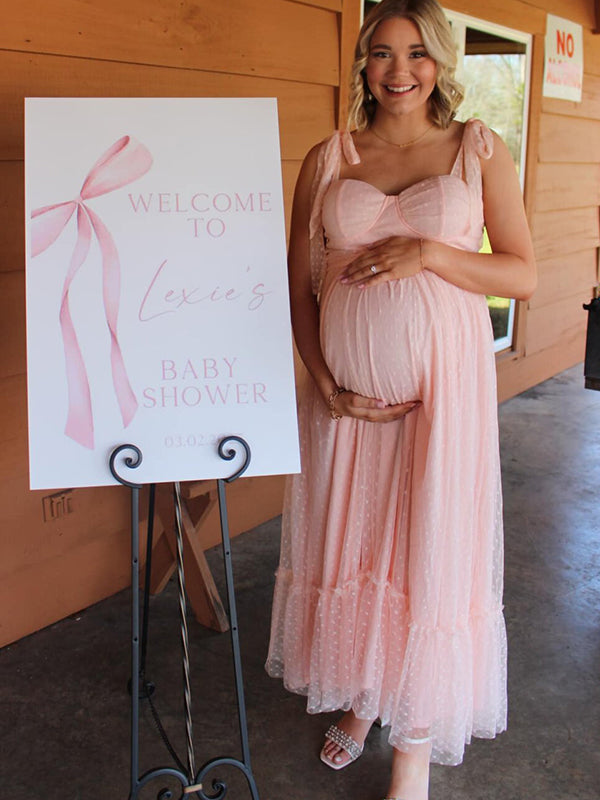 Momsmood Light Pink Polka Dot Bow Ruffle Falbala Tie-Shoulder A-line Tulle Princess Dress Elegant Maternity Photoshoot Baby Shower Maxi Dress