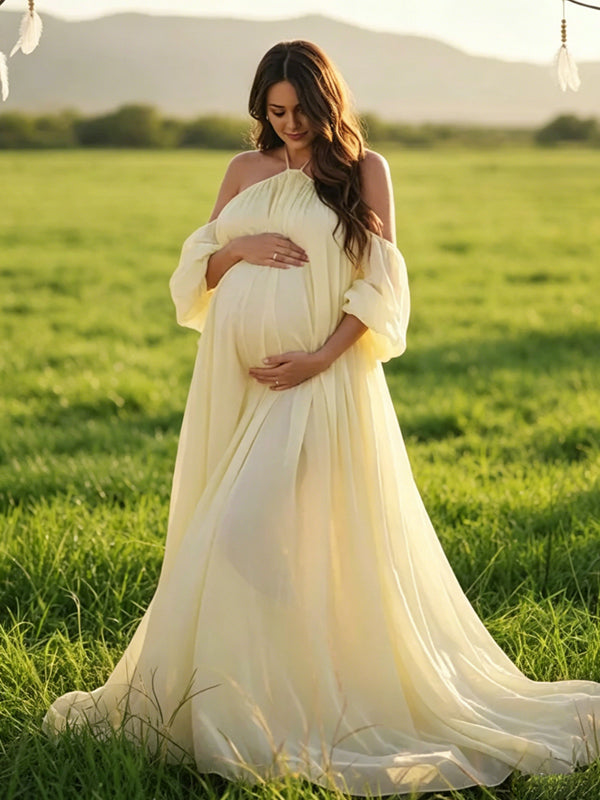 Yellow Mesh Off Shoulder Backless Boho Flowy Maternity Maxi Dress