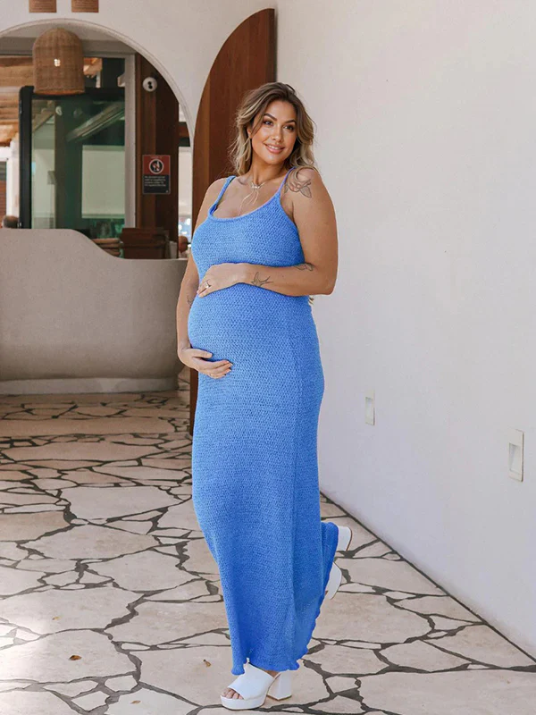 Momsmood Blue Spaghetti Strap Backless Crochet Mermaid Bandage Bodycon Vacation Photoshoot Maternity Maxi Dress