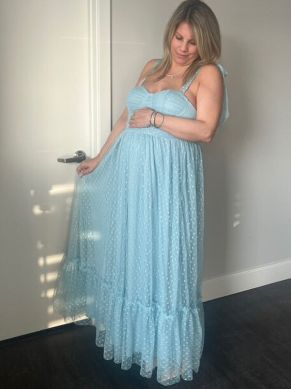 Momsmood Solid Color Tulle Spaghetti Strap Backless Ruffle Lace-up Grenadine Photoshoot Gown Baby Shower Maternity Maxi Dress