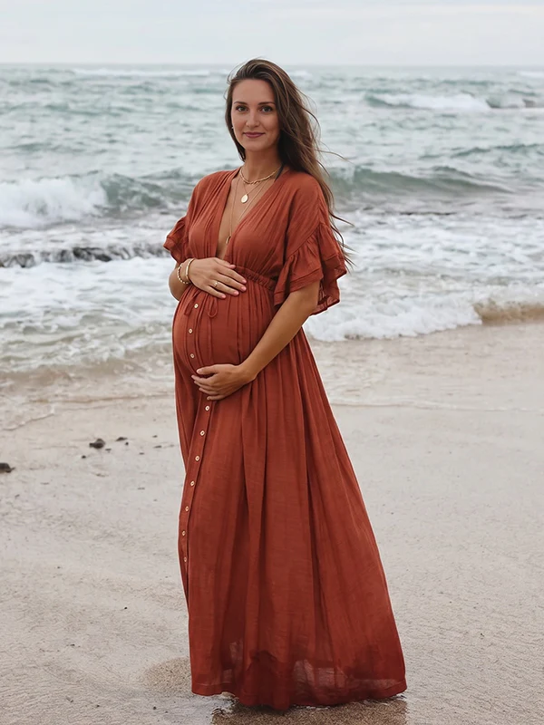 Momsmood Red Drawstring Single Breasted Ruffle Tie Back Maternity Photoshoot Maxi Dress