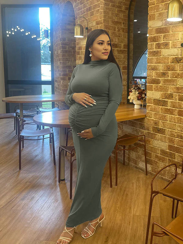 Momsmood Solid Color Ruched High Neck Long Sleeve Bodycon Basic Going Out Elegant Maternity Baby Shower Maxi Dress