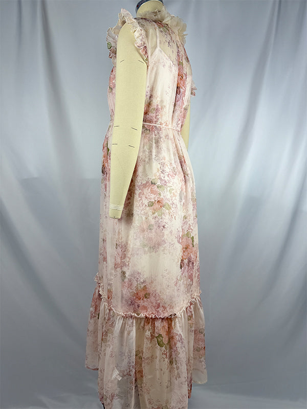 Apricot Floral Ruffle 3D Flowers Tie Flowy Photoshoot Maternity Maxi Dress