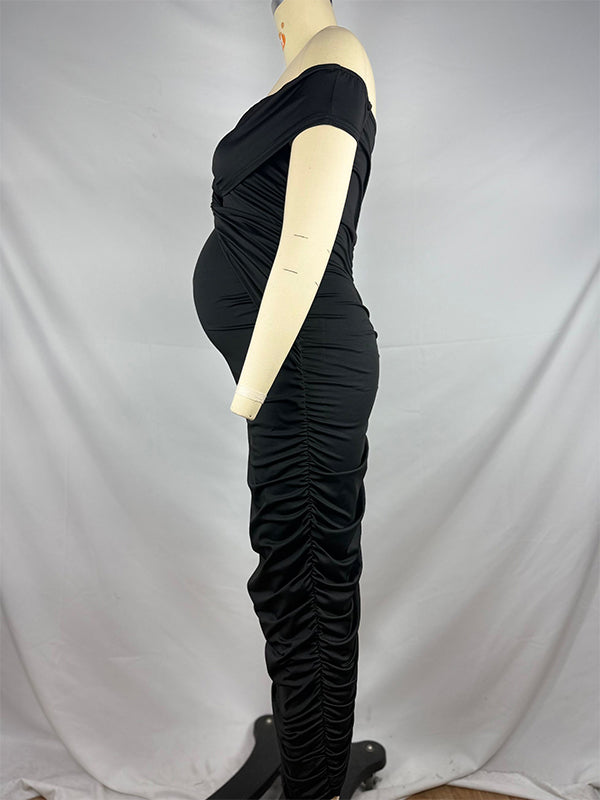 Momsmood Black Off Shoulder Ruched Cross Twist Back Zipper Bodyocn Photoshoot Baby Shower Maternity Maxi Dress