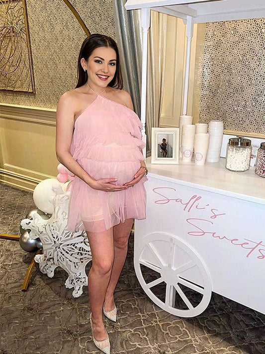 Momsmood  Pink Ruffle Tulle Halter Neck Backless Irregular Babyshower Maternity Midi Dress
