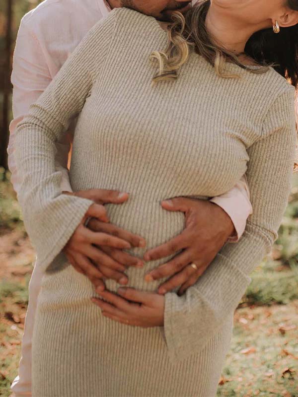 Momsmood Camel Knit Flare Sleeve Photoshoot Maternity Maxi Sweater Dress