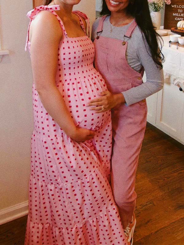 Momsmood Bow Smocked Polka Dot Flowy Gender Reveal Baby Shower Maternity Maxi Dress