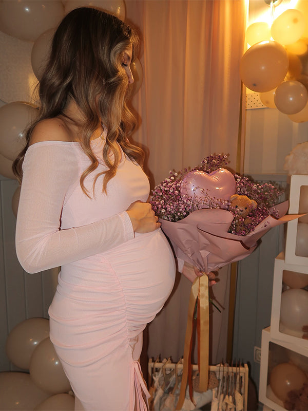 Momsmood One Shoulder Drawstring Side Slit Grenadine Gender Reveal Baby Girl Shower Maternity Maxi Dress