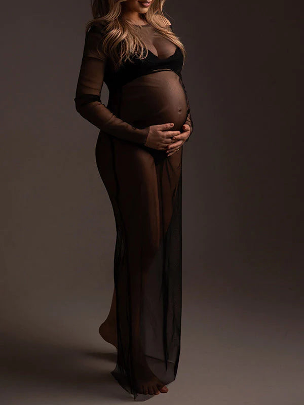 Momsmood Black Tulle Pregnancy Dress Grenadine Sheer Maternity Photoshoot Dress