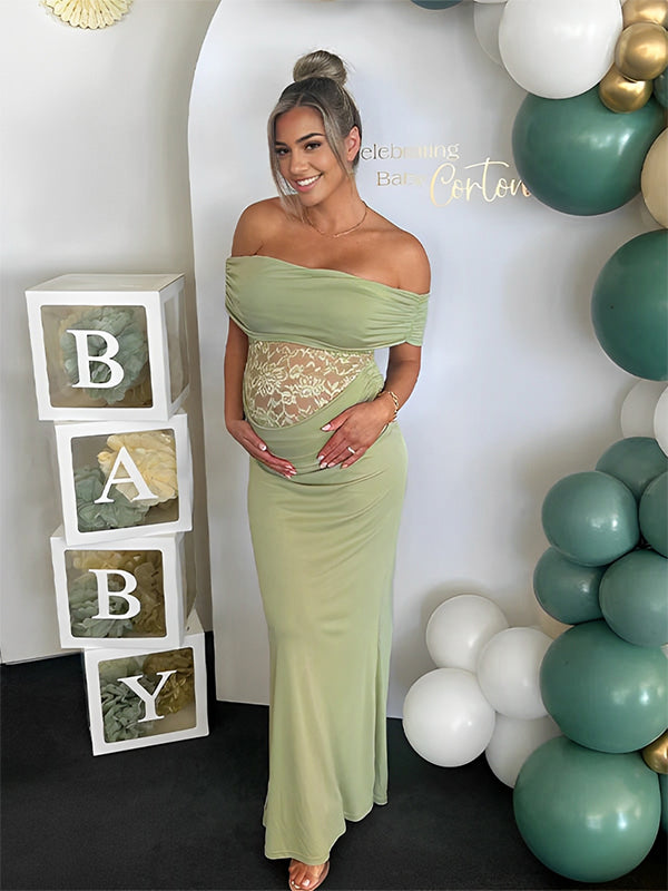 Momsmood Green Off Shoulder Lace Sheer Splicing Ruched Baby Shower Maternity Maxi Dress