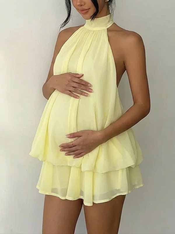 Halter Neck Chiffon Lace-Up Peplum backless Maternity Mini Dress