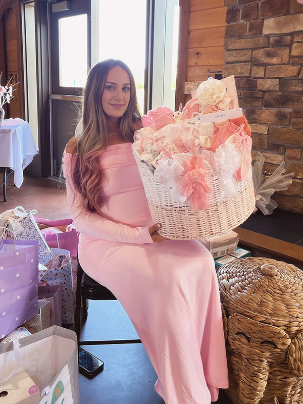 Momsmood Pink Off Shoulder Open Back Maternity Baby Shower Maxi Dress