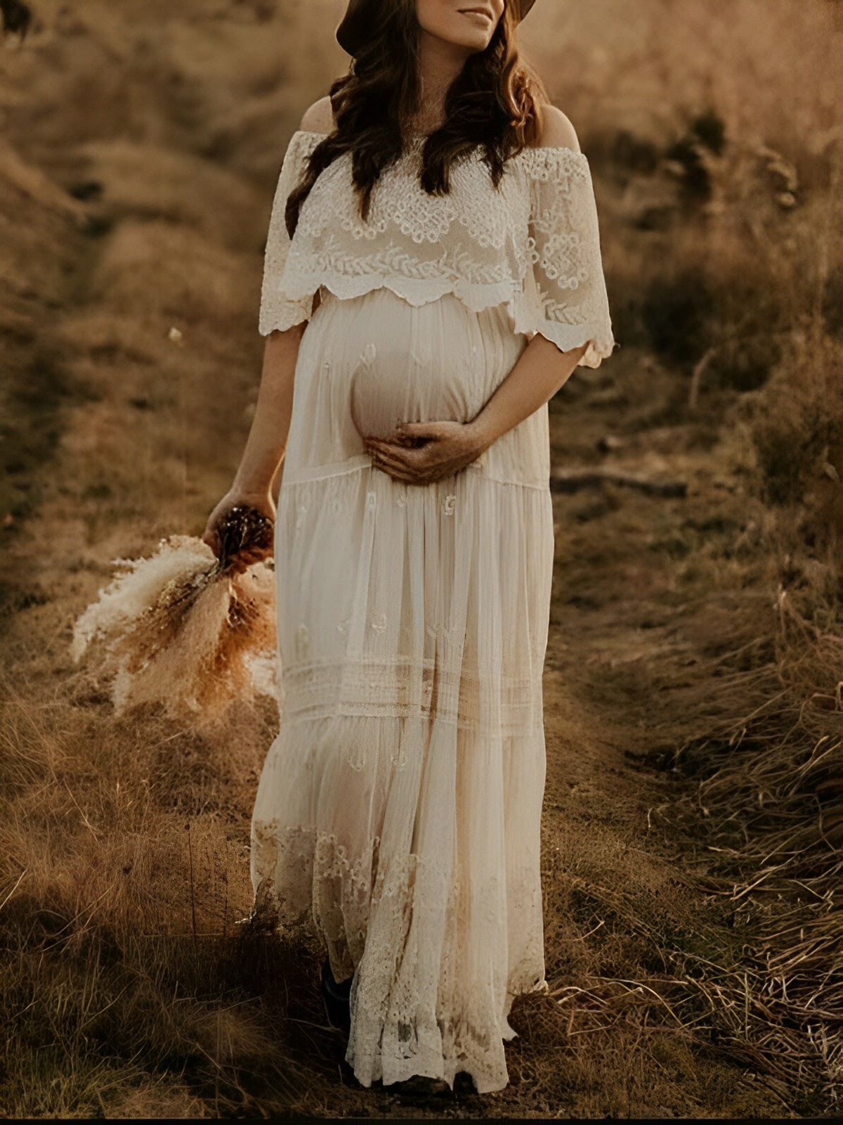 Momsmood White Off Shoulder Lace Tiered Boat Neck Flowy Elegant Maternity Photoshoot Dress