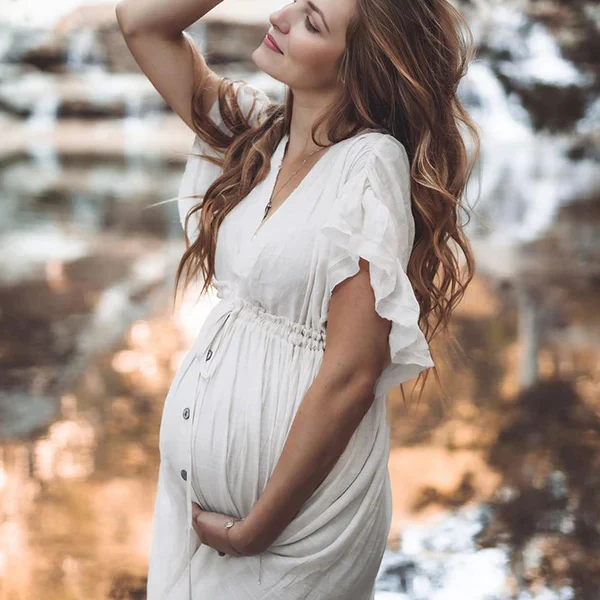 Momsmood White Deep V Neck Button Down Boho Beach Bikini Cover Up Dress Party Photoshoot Maternity Dress