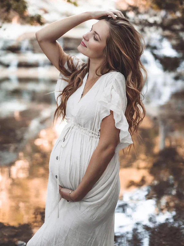 Momsmood White Deep V Neck Button Down Boho Beach Bikini Cover Up Dress Party Photoshoot Maternity Dress