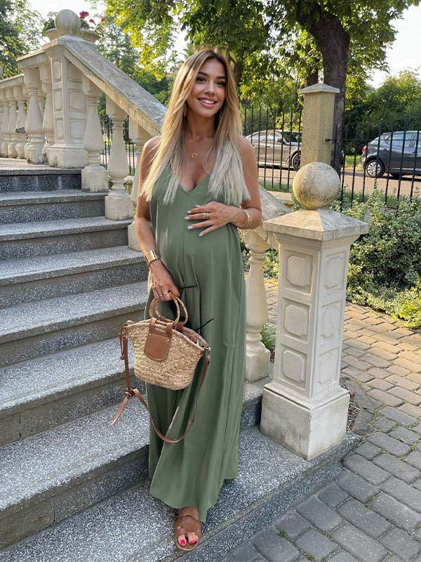 Momsmood Army Green Solid Color Pockets Daily Casual V-neck Going Out Baby Shower Maternity Maxi Dress