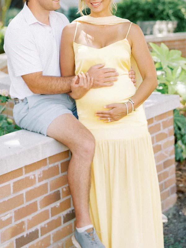 Yellow Wrap Chiffon Splicing Flowy Photoshoot Maternity Maxi Dress