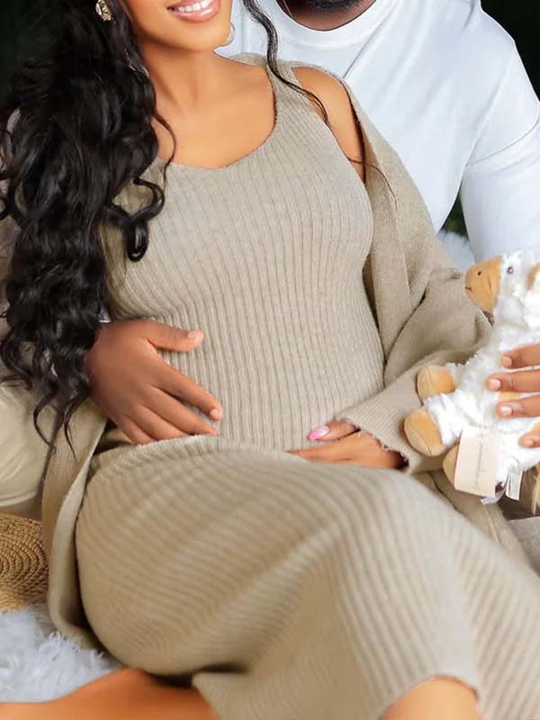 Momsmood Light Coffee Knit Tank Dress And Long Cardigan Two Piece Set Maternity Maxi Dress