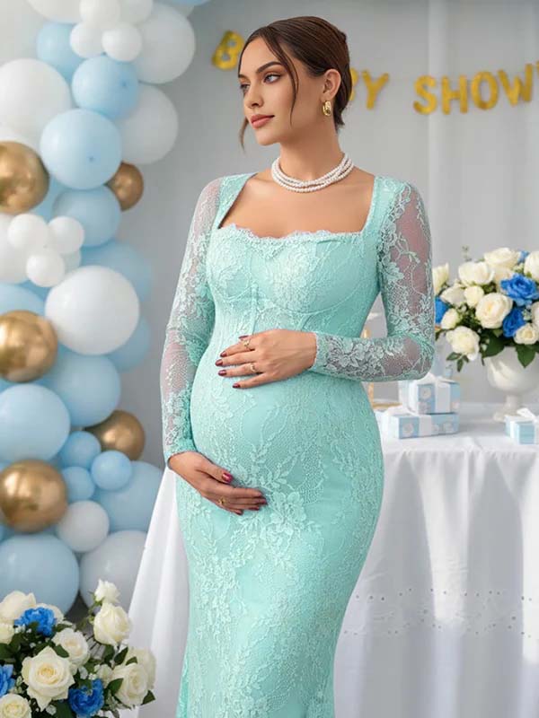 Momsmood Lace Ruffle Back Slit Square Neck Bodycon Maternity Maxi Dress