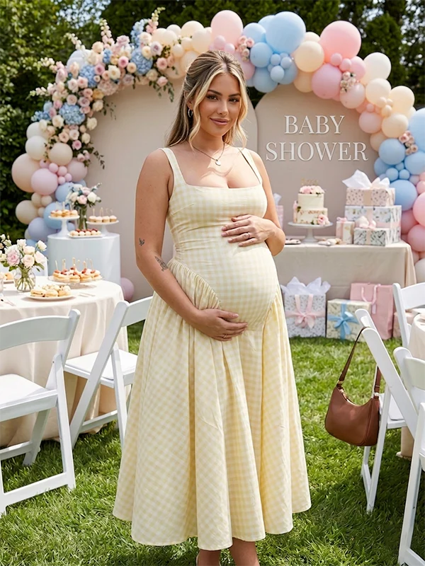 Momsmood Plaid Tank A-line Elegant Maternity Baby Shower Maxi Dress